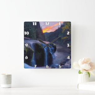 Small Waterfall running  down the mountain valley. Square Wall Clock