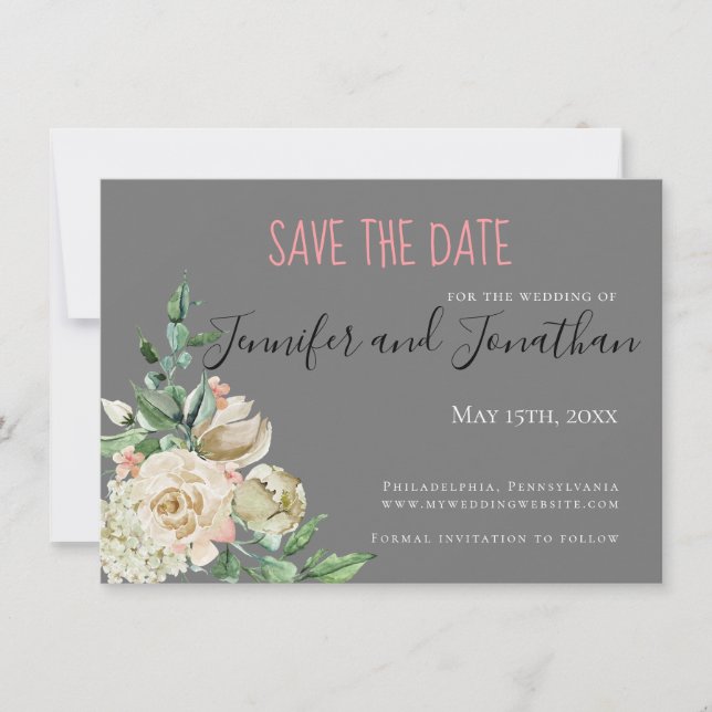 Small White Rose Bouquet Save the Date Wedding (Front)