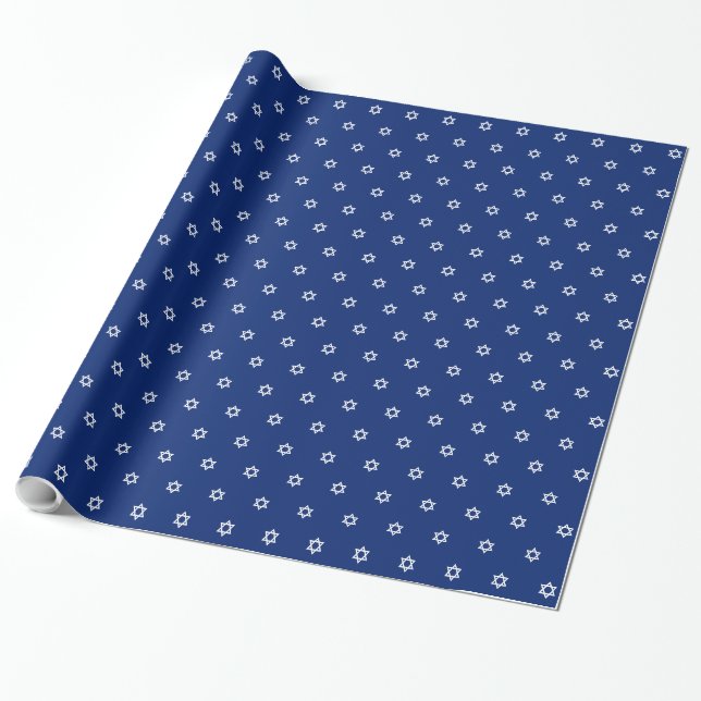 Small White Star Of David Navy Blue Wrapping Paper (Unrolled)