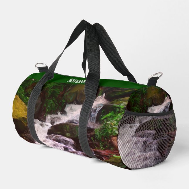 Small Woodland Waterfall Oil Painting Personalized Duffle Bag (Right Corner)