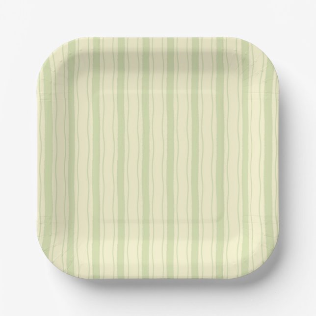 Small Yellow and Green Coastal Stripes Paper Plate (Front)
