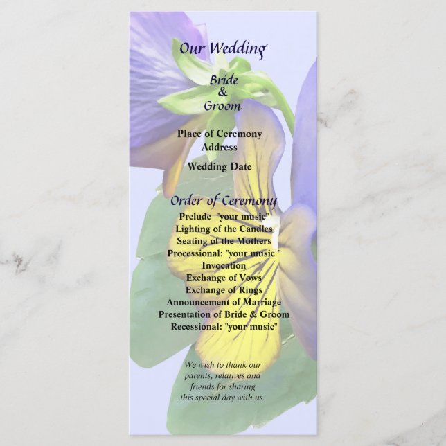 Small Yellow and Purple Pansies Wedding Program (Front)