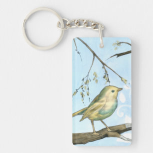 Small Yellow Bird Perched on a Branch Looking up Keychain