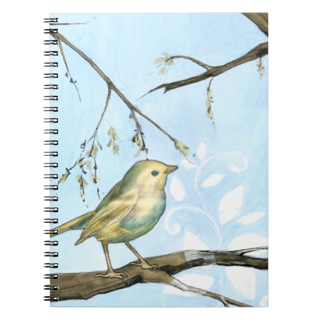 Small Yellow Bird Perched on a Branch Looking up Notebook (Front)