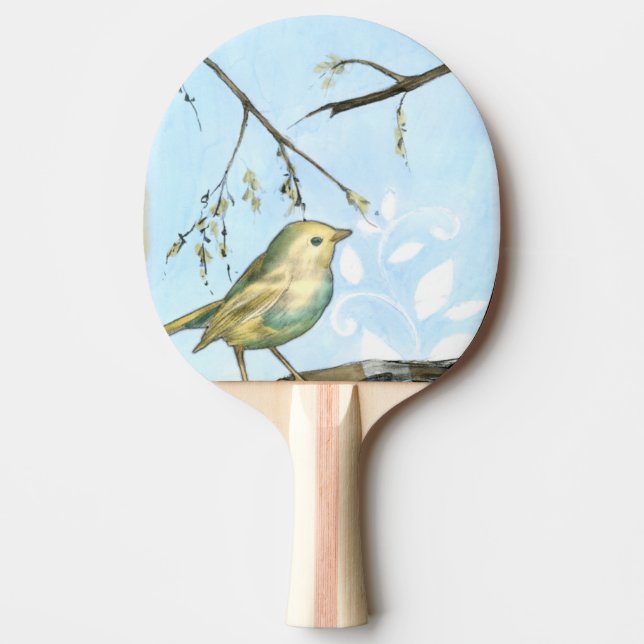 Small Yellow Bird Perched on a Branch Looking up Ping Pong Paddle (Front)