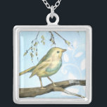 Small Yellow Bird Perched on a Branch Looking up Silver Plated Necklace<br><div class="desc">This painting is perfect for your bird collection. The small yellow bird and blue pastel background of this image are simple yet soothing and could be easily added to any Zazzle product offered. Choose this artprint today.</div>