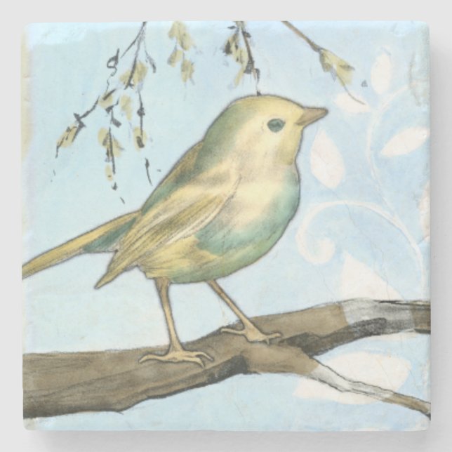 Small Yellow Bird Perched on a Branch Looking up Stone Coaster (Front)