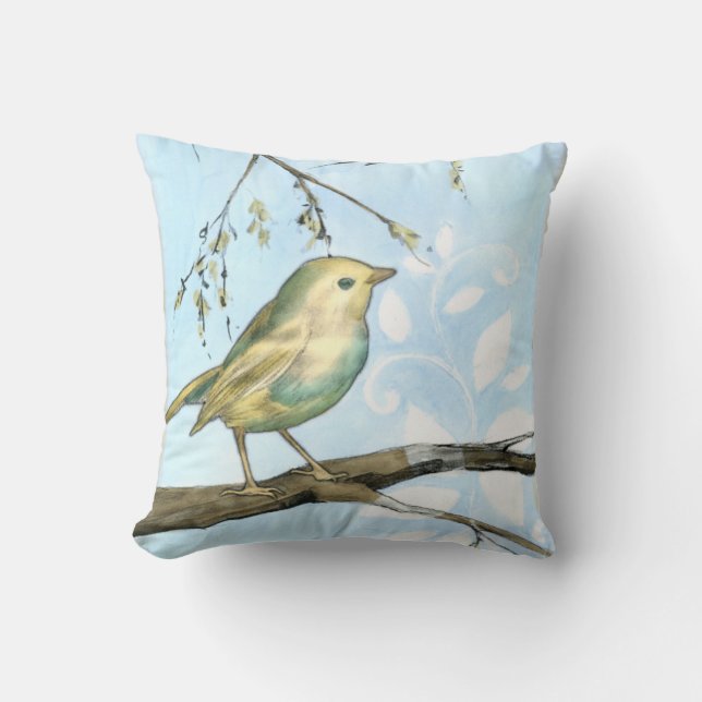 Small Yellow Bird Perched on a Branch Looking up Throw Pillow (Front)