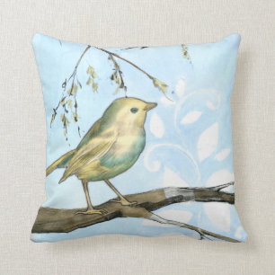 Small Yellow Bird Perched on a Branch Looking up Throw Pillow