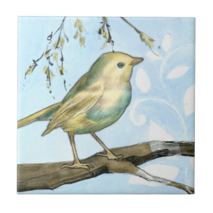 Small Yellow Bird Perched on a Branch Looking up Tile