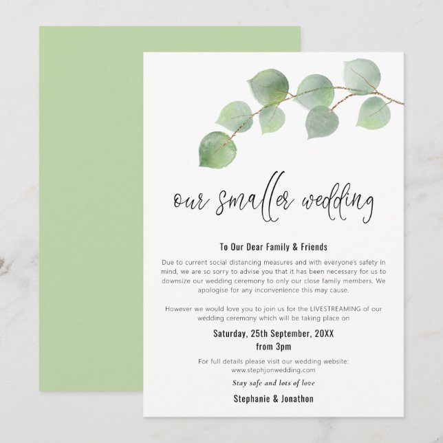 Smaller Wedding Downsize Modern Script Eucalyptus Announcement (Front/Back)