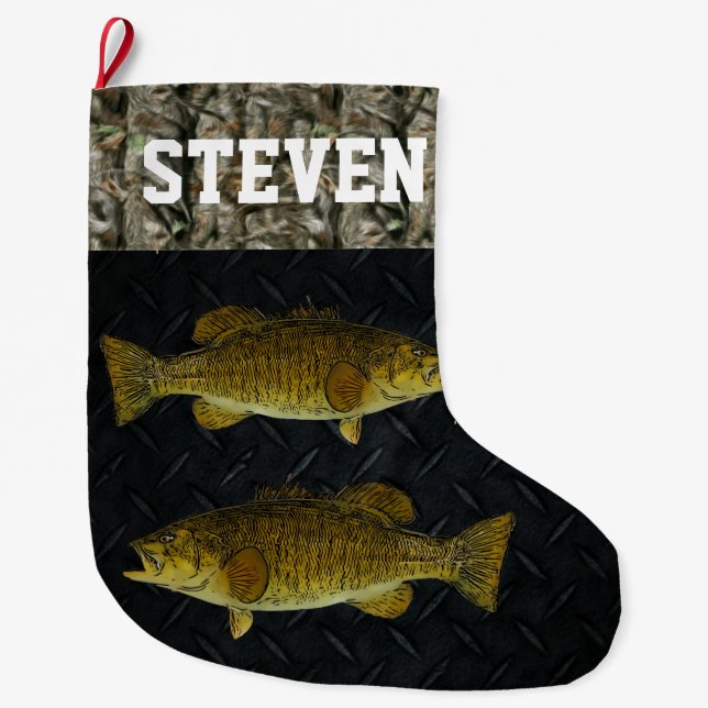 Smallmouth Bass Fishing Camo Name Men's Large Christmas Stocking (Front)