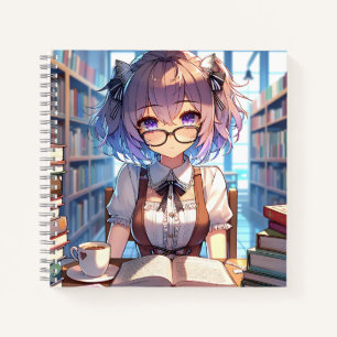Smart Anime Girl in Library Reading Books