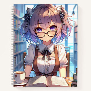 Smart Anime Girl in Library Reading Books