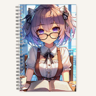Smart Anime Girl in Library Reading Books