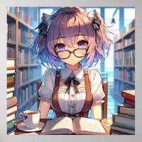 Smart Anime Girl in Library Reading Books