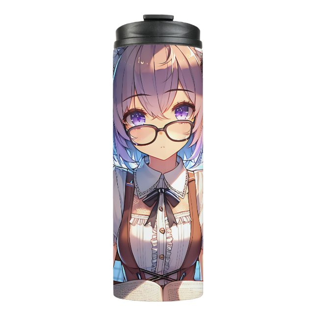 Smart Anime Girl in Library Reading Books Thermal Tumbler (Front)