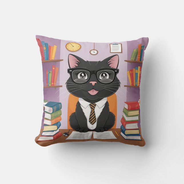 Smart Black  black cat and books with Glasses – Fu Throw Pillow (Front)