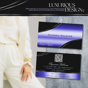 Smart Black Blue Curved Decor Lines with QR Code Business Card