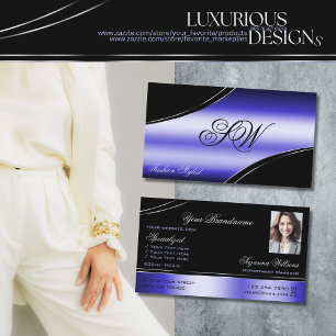Smart Black Blue Curved Lines Monogram and Photo Business Card