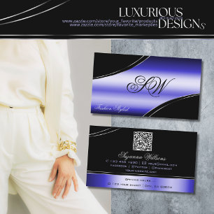 Smart Black Blue Curved Lines Monogram and QR Code Business Card