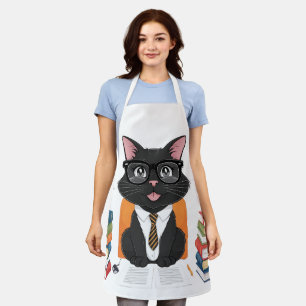 Smart Black Cat with Glasses – Funny Cartoon Apron