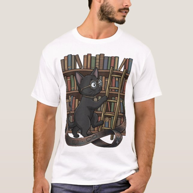 Smart Black Cat with Glasses & Infinity Belt Illus T-Shirt (Front)