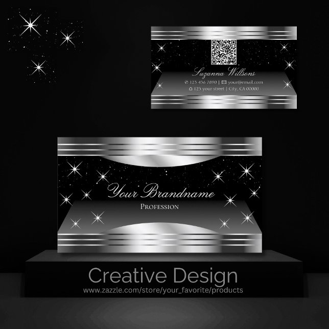 Smart Black Silver Shimmer Borders with QR Code Business Card (Creator Uploaded)
