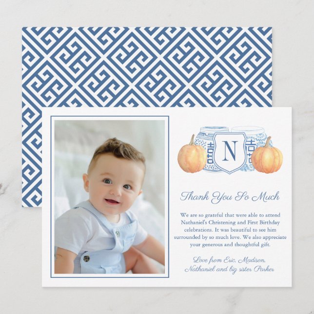 Smart Blue And White Pumpkin Child Birthday Photo Thank You Card (Front/Back)