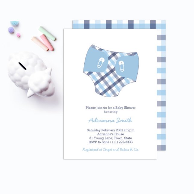 Smart Blue Check Diaper Boy Baby Shower Invitation (Creator Uploaded)