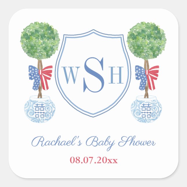 Smart Boxwood Monogram Crest Wedding Shower Favour Square Sticker (Front)