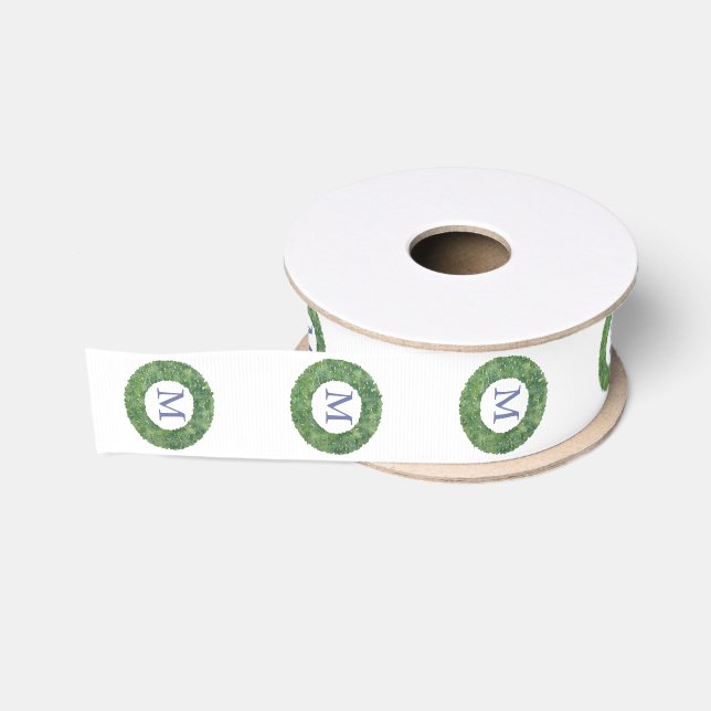 Smart Boxwood Wreath Monogram Blue Green And White Grosgrain Ribbon (Spool)