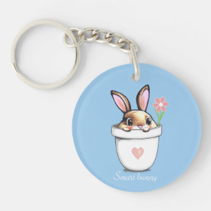 Smart Bunny with Flower & Heart on Light Blue Keychain