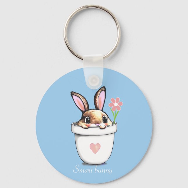 Smart Bunny with Flower & Heart on Light Blue Keychain (Front)