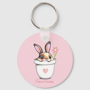 Smart Bunny with Flower & Heart on Light Pink Keychain