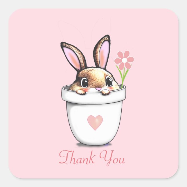 Smart Bunny with Flower & Heart on Light Pink Square Sticker (Front)