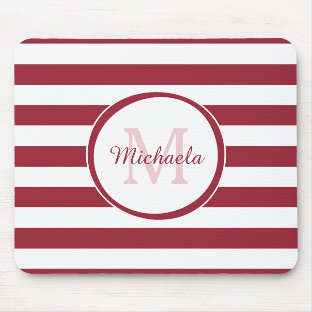 Smart Crimson Red Awning Stripes Name and Monogram Mouse Pad (Front)