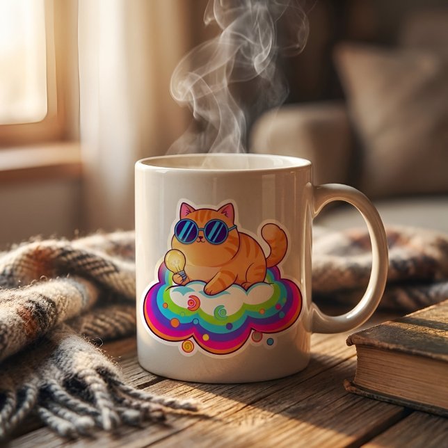 Smart Ginger Cat with Lightbulb - Funny Big Idea B 2 Inch Round Button (on a cup)