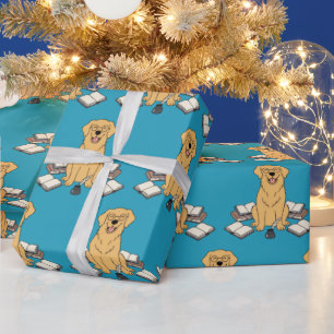 Smart Golden Retriever Book Lover Blue Design Wrapping Paper