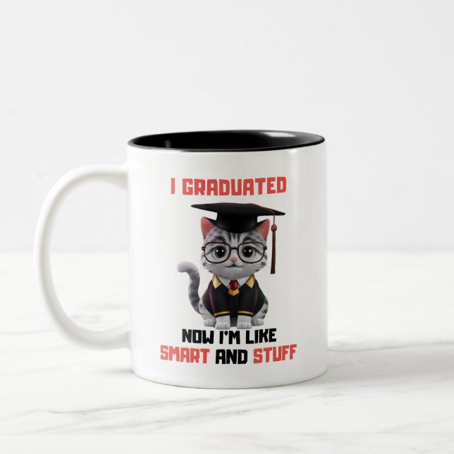 Smart Grad Congratulations,Funny Cat Graduation  Two-Tone Coffee Mug (Left)