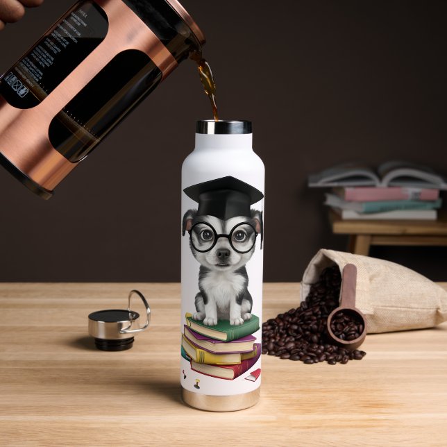 Smart Graduation Dog Sticker – Cute Pup with Glass Water Bottle (Coffee (Rotated))