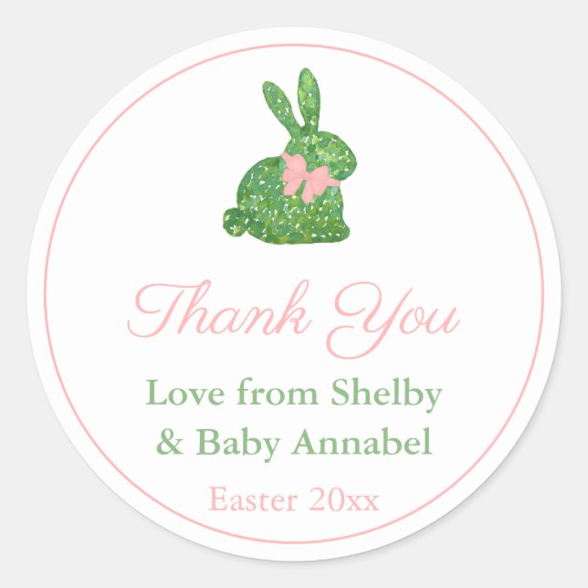 Smart Green And Pink Bunny Baby Shower Thank You Classic Round Sticker (Front)