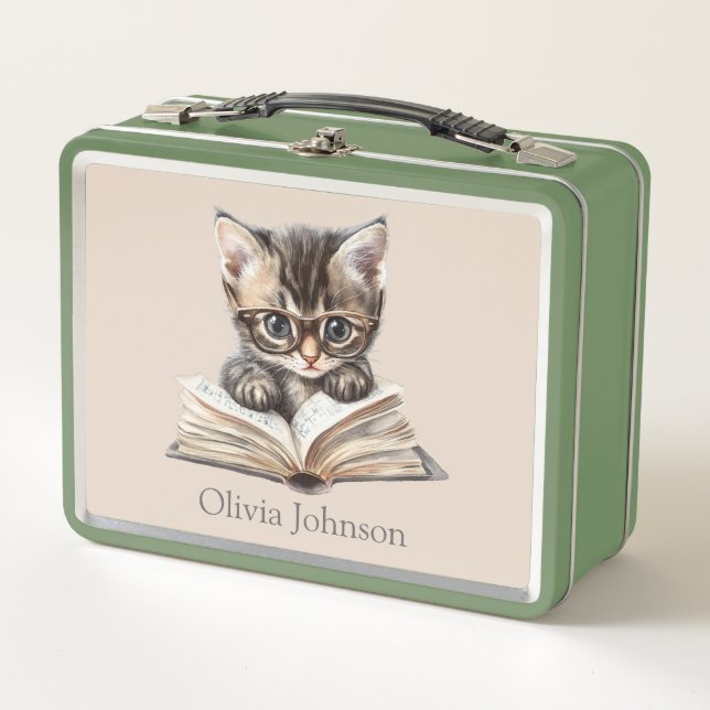 Smart Kitten with Glasses Personalized Metal Lunch Box (Front)