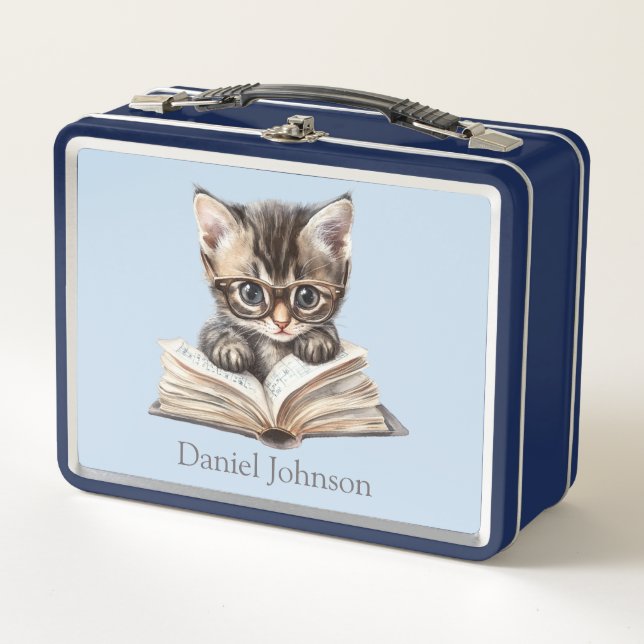 Smart Kitten with Glasses Personalized Metal Lunch Box (Front)