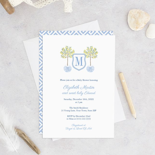 Smart Lemon Tree Monogram Little Boy Baby Shower Invitation (Creator Uploaded)