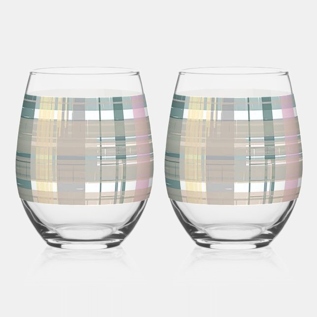 Smart Looking Coastal Plaid Style Print Stemless Wine Glass (Front)