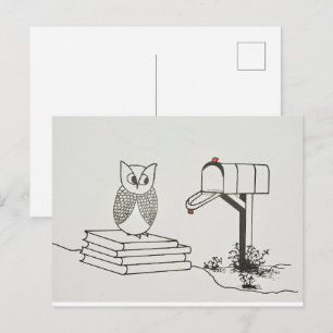 Smart Owl Waits on Stack of Books for Some Mail Postcard