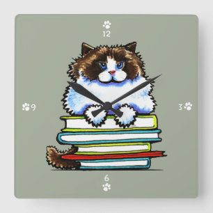 Smart Ragdoll Kitty Books Square Wall Clock