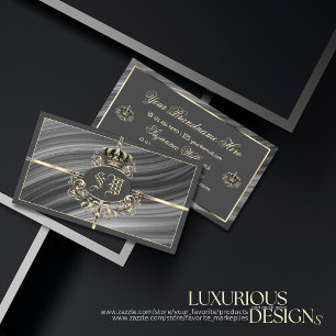 Smart Royal Grey Gold Crown and Monogram Sumptuous Business Card