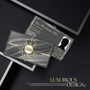Smart Royal Grey Gold Crown Logo Photo and QR Code Business Card